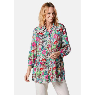 Gedessineerde blouse met exotisch patroon - koraalrood / groen / gedess. - Gr. 38 van Goldner Fashion
