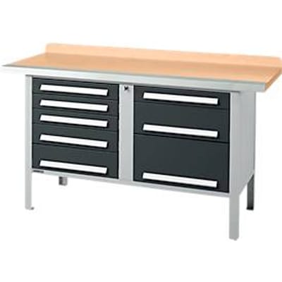 Box-type werkbank Schäfer Shop Select PWi 150-8, beuken multiplex blad, met stalen rand, tot 750 kg, B 1500 x D 700 x H 840 mm, antraciet