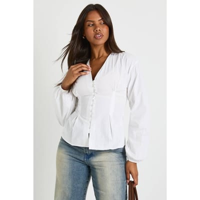 boohoo Dames Katoenen popeline blouse met knoopsluiting | White | Maat: 12