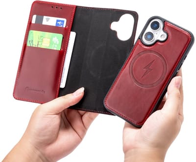 CaseMania Bookcase hoesje geschikt voor iPhone 17 - Effen Rood - Leer - 2-in-1 Magnetisch Uitneembaar Design - Compatible met MagSafe