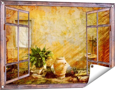 Gards Tuinposter Doorkijk Oude Stenen Muur - 90x60 cm - Tuindoek - Tuindecoratie - Wanddecoratie buiten - Tuinschilderij