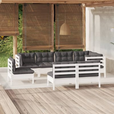 vidaXL - 8-delige - Loungeset - met - kussens - massief - grenenhout - wit