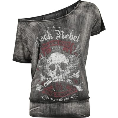 Rock Rebel by EMP - Rock T-shirt - Dark Grey T-shirt with Wide Neckline and Print - S tot 5XL - voor Vrouwen - donkergrijs
