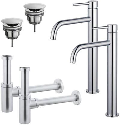 FugaFlow Eccelente Sobrado Badkamer Slim Wastafelkraanset - voor dubbele wastafel - verhoogde wastafelkraan - always open plug - design sifon - Chroom