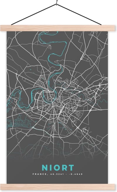 Posterhanger incl. Poster 40x60 cm - Schoolplaat - Niort - Plattegrond - Kaart - Frankrijk - Stadskaart - Textielposter - Blanke latten - Stadskaart