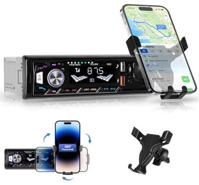 Hodozzy 1 Din Autoradio Bluetooth met Mobiele Telefoonhouder, Autoradio met Bluetooth Handsfree, MP3-speler met USB/Snelladen/FM/TF/AUX, 4 * 45W