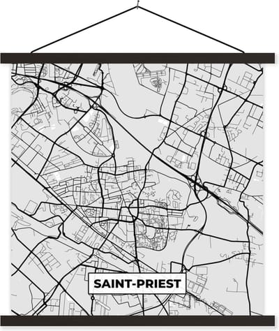 Posterhanger incl. Poster 60x60 cm - Schoolplaat - Saint-Priest – Plattegrond - Frankrijk – Kaart – Stadskaart - Textielposter - Zwarte latten - Stadskaart