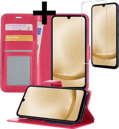 Hoesje - Met Screenprotector - Geschikt voor Samsung Galaxy A25 - Luxe Pasjeshouder - Bookcase Portemonee - Flip Case - Kunstleer Book Case - Flipcase - Book Cover - Walletcase - Portemonneehoes - Telefoonhoesjes - Donkerroze