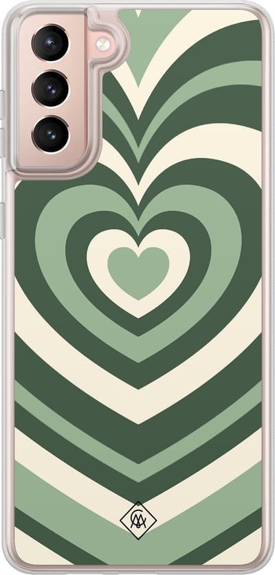 Casimoda® hoesje - Geschikt voor Samsung Galaxy S21 - Groen Hart Swirl - 2-in-1 case - Schokbestendig - Illustratie - Verhoogde randen - Groen, Transparant