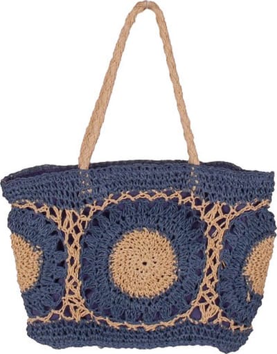 Schoudertas Blauw/Zandkleur - Grote Granny Squares - Handgemaakt - Rits en Voering - B-35cm x D-10cm x H-25(48/88)cm