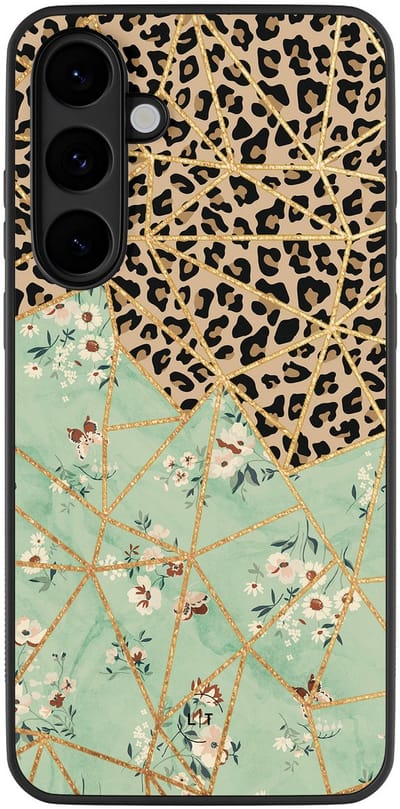 Leuke Telefoonhoesjes - Hoesje geschikt voor Samsung Galaxy S25 FE - Luipaard bloemen print - Backcover zwart - Print / Illustratie - Multi
