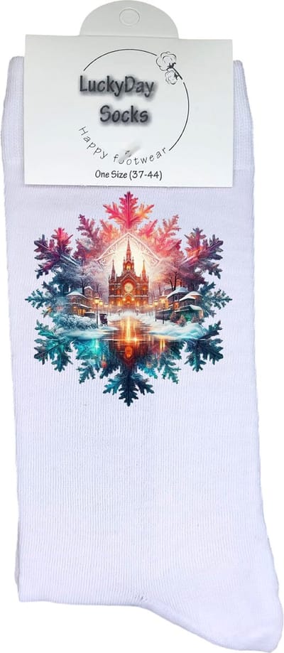 Sneeuwvlok - Verjaardag cadeau - Grappige sokken - Print sokken - Leuke sokken voor heren en dames - Moederdag - Vaderdag - Cadeau voor hem en haar - Kerstcadeau - Kerstdorp - Vrolijke sokken - Valentijns cadeau - Socks maken Happy - 37-44