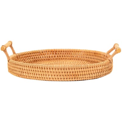 Plateau de service rond en rotin tissé à la main, panier à pain, fruits, desserts, collations avec poignées, diamètre 24 cm beige