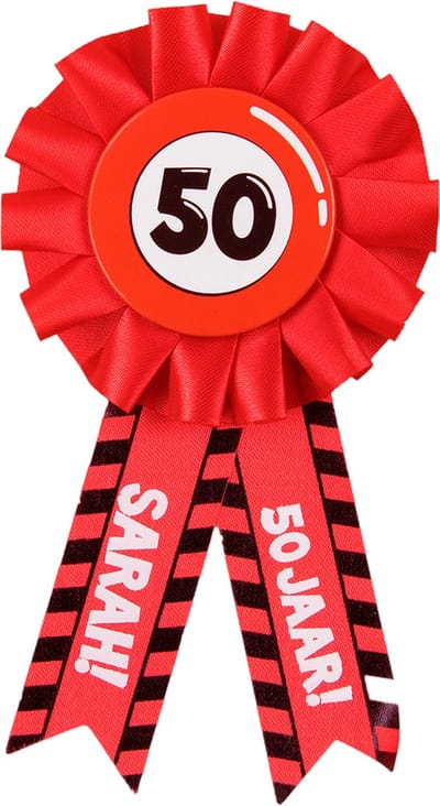 Paperdreams 50 jaar rozet - Sarah broche - 50e verjaardag - rood - tuinpop