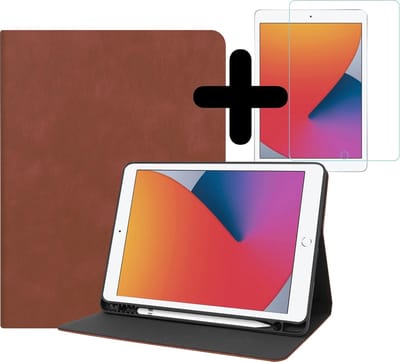 Hoesje - Geschikt voor Apple iPad 8 (2020) - 10.2 inch - 8e Generatie - Met Screenprotector - Luxe Bookcase Hoes - Hard Cover Case - Met Uitsparing Geschikt voor Apple Pencil - Hardcover Book - Tablethoes - Bruin