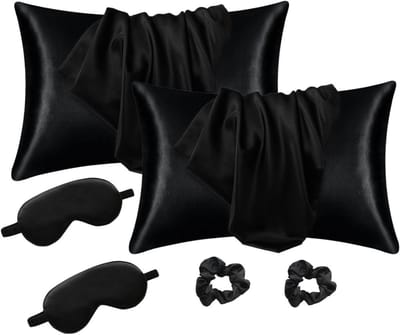 Famanu - Satijnen kussensloop 50x75 cm zwart, zijdeachtig, inclusief haarelastiekjes en oogmasker, ademend