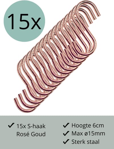 Leathergoodz - 15x S-haakjes Rosé Goud - 6cm/klein - ø15mm - s-haakjes - ophanghaken - handdoekhaakje - S-haken