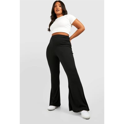 Dames Boohoo Basics Plus Rib Flare Broek | Zwart | Maat: 44
