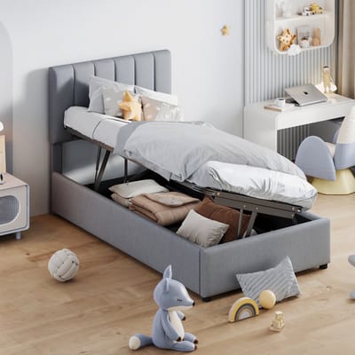 Gestoffeerd kinderbed met hydraulische opbergruimte - 90x200 cm - Grijs - Verstelbaar hoofdbord - Hautvriendelijk linnen - Inclusief lattenbodem