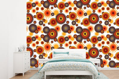 Behang - Fotobehang Design - Retro - Oranje - Bloemen - Breedte 360 cm x hoogte 260 cm