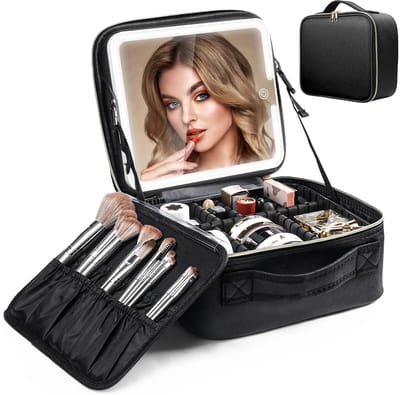 Velori Make-up Organizer met LED Spiegel - Make-up Koffer - Cosmetica Opbergbox - Beauty Case met Verstelbare Verdelers - Zwart - 27 x 24 x 11 cm