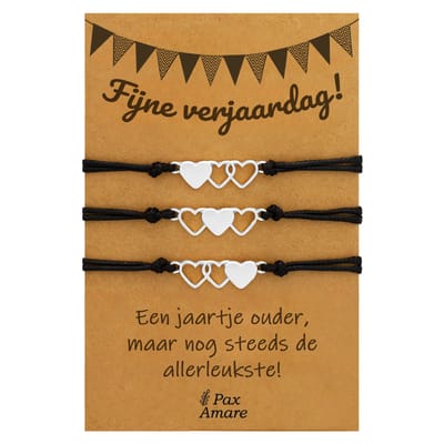 Vriendschapsarmbandjes voor 3 "Fijne Verjaardag" - Hartjes - BFF Armbandjes met Persoonlijk Cadeau Kaartje - Zilverkleurig - Elastisch Verstelbaar - Pax Amare