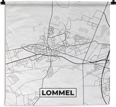 Wandkleed - Wanddoek - België – Lommel – Stadskaart – Kaart – Zwart Wit – Plattegrond - 180x180 cm - Wandtapijt