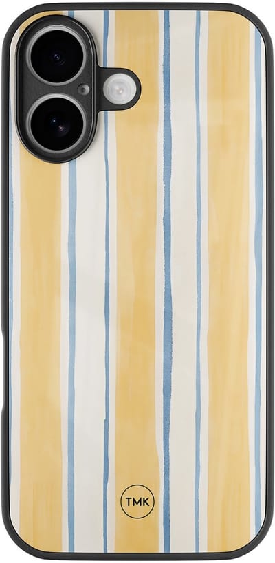 Hoesje geschikt voor Apple iPhone 16 - Gestreept geel - Geel - TPU luxe case (glossy toplaag) - Gestreept - Hardcase backcover zwart