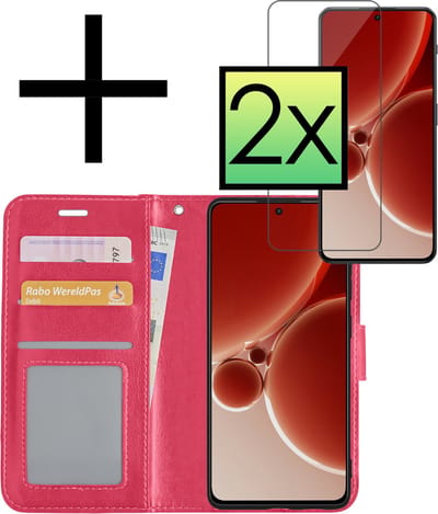 Hoesje - Met 2x Screenprotector - Geschikt voor OnePlus Nord 3 - Luxe Pasjeshouder - Bookcase Portemonee - Flip Case - Kunstleer Book Case - Flipcase Hoes - Book Cover - Walletcase - Portemonneehoes - Donkerroze