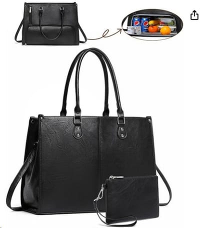 Lunch Tas - 2-in-1 Lunch Tas Handtas Combinatie - Vegane Leder Laptop tas - 15,6-inch Handtas Met Geïsoleerde Lunch Kamer - Lunch Tas - Vrouwen Koeltas - School Kantoor Isolatie Tas - Zwart