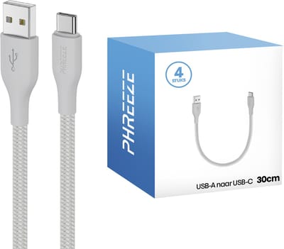 Usb A naar C kabels - 4 pack - Kort, stevig, nylon - Opladen & data - Usb C kabels - Phreeze