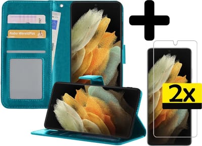 Hoesje - Met 2x Screenprotector - Geschikt voor Samsung Galaxy S21 Ultra - Luxe Pasjeshouder - Bookcase Portemonee - Flip Case - Kunstleer Book Case - Flipcase Hoes - Book Cover - Walletcase - Portemonneehoes - Telefoonhoesjes - Turquoise
