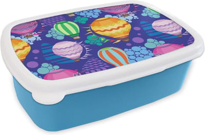 Broodtrommel Blauw - Lunchbox - Brooddoos - Luchtballon - Regenboog - Patronen - Kinderen - Abstract - 18x12x6 cm - Kinderen - Jongen