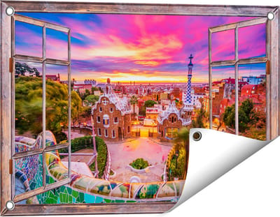 Gards Tuinposter Doorkijk Park Güell Uitzicht op Barcelona - 60x40 cm - Tuindoek - Tuindecoratie - Wanddecoratie buiten - Tuinschilderij