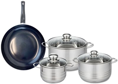 Set van 1 Koekenpan 28 cm en 3 kookpotten 16, 20 en 24 cm Elo Prima Glanzend
