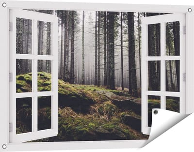 Gards Tuinposter Doorkijk Bos met Mos op Rotsen - 90x60 cm - Tuindoek - Tuindecoratie - Wanddecoratie buiten - Tuinschilderij