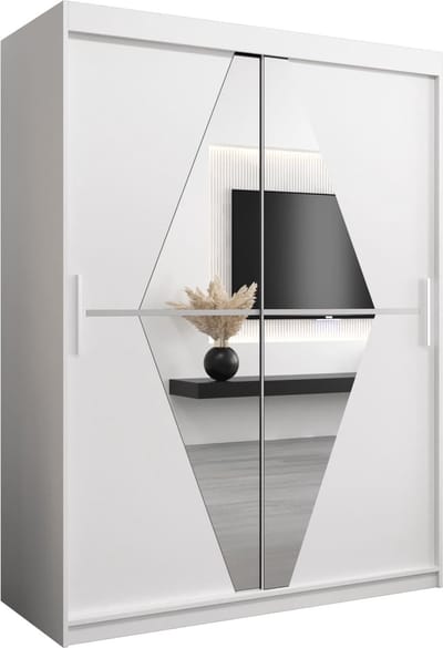 InspireMe - Kledingkast met 2 schuifdeuren, Modern-stijl, Een kledingkast met planken en een spiegel (BxHxD): 150x200x62 - BOLA 150 Wit Mat met 2 lades