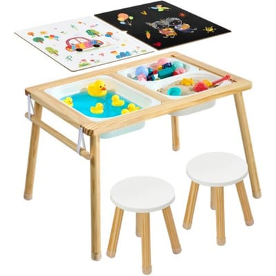 VEVOR Sensorische Tafel, 7-in-1 Activiteitentafel met 2 Krukjes, Dubbelzijdig Speeloppervlak, Opbergdozen & Antislipvoetjes, Speelzand- & Watertafel, voor Kinderen van 3-6 Jaar