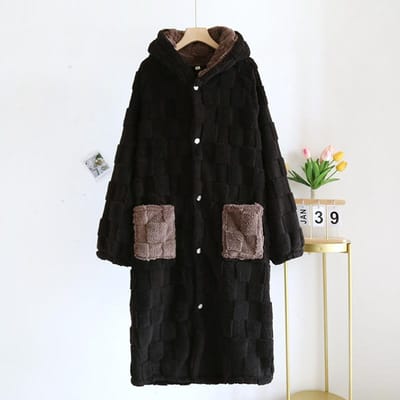 Nieuwe Herfst/Winter Koppel Slaapjas, Fleece en Verdikte Huisbadjas, Heren- en Dames Huiskleding Badjas L black