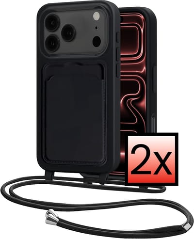 Hoes Geschikt voor iPhone 17 Pro Max Hoesje Pasjeshouder Cover Met Koord Case Siliconen Hoes Met Telefoonkoord en Kaarthouder - Zwart - 2 PACK