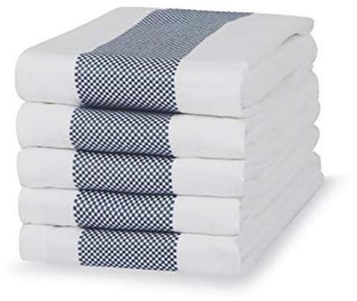 Set van 5 Absorberende Katoenen Keukenhanddoeken - Blauw met Dubbele Streep - 50 x 70 cm