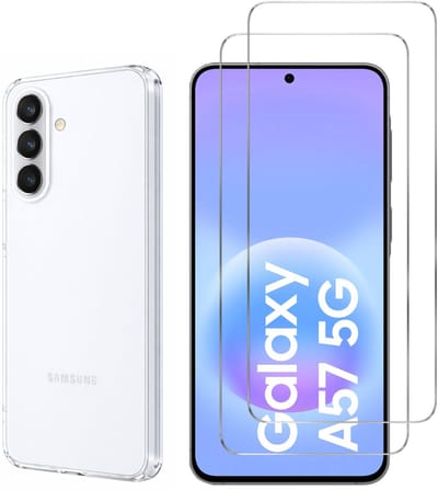 Hoesje Ultraslank geschikt voor Samsung Galaxy A57 5G backcover siliconen Transparant en 2 stuks Screenprotector Gehard Glas