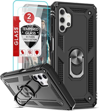 Hoesje Geschikt Voor Samsung Galaxy A32 5G Hoesje Anti-Shock Hybrid Armor hoesje Zwart - Hoesje Geschikt Voor Samsung Galaxy A32 hoesje kickstand Ring houder TPU backcover hoesje - met screenprotector Galaxy A32 5G - 2 pack