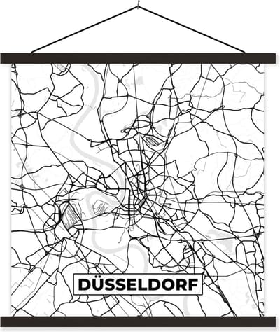 Posterhanger incl. Poster 60x60 cm - Schoolplaat - Kaart - Düsseldorf - Plattegrond - Stadskaart - Textielposter - Zwarte latten - Stadskaart