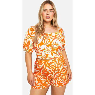boohoo Dames Plus Abstract Print Tie Back Detail Milkmaid Top | Oranje | Maat: 50
