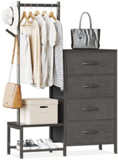 Ladekast-3-in-1 Commode met laden- 4 ladekast met stabiele kledingstandaard en 2 kledinghaken-dubbellaags schoenenrek onder- 4 stoffen laden- geschikt voor slaapkamer en hal- zwart.