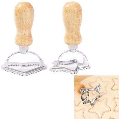 Set van 2 stuks – Ravioli-vormset – Koekjesstempels – Koekjesdecoratiegereedschap – Pastavorm met houten handvat – Deegsnijwieltje – Gegroefde rand – Duurzaam – Zilver – Hart- en stervormen – Geschikt voor het maken van pasta, ravioli en koekjes