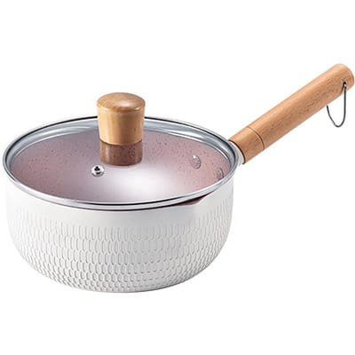 Sauspan met glazen deksel, houten handvat, antiaanbak aluminium, kleine pan, noedelpan voor het koken van eieren, baby L wit