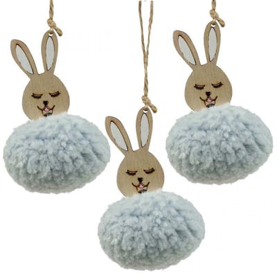 Puschelbunny blauw deco hanger hout pluche ca. 7×7×10cm 6st, 6 Stück
