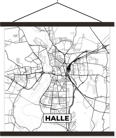 Posterhanger incl. Poster 60x60 cm - Schoolplaat - Halle - Kaart - Plattegrond - Stadskaart - Textielposter - Zwarte latten - Stadskaart